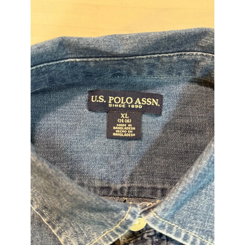 US Polo Assn Boys Denim Button Down Shirt Blue Long Sleeve XL 14-16